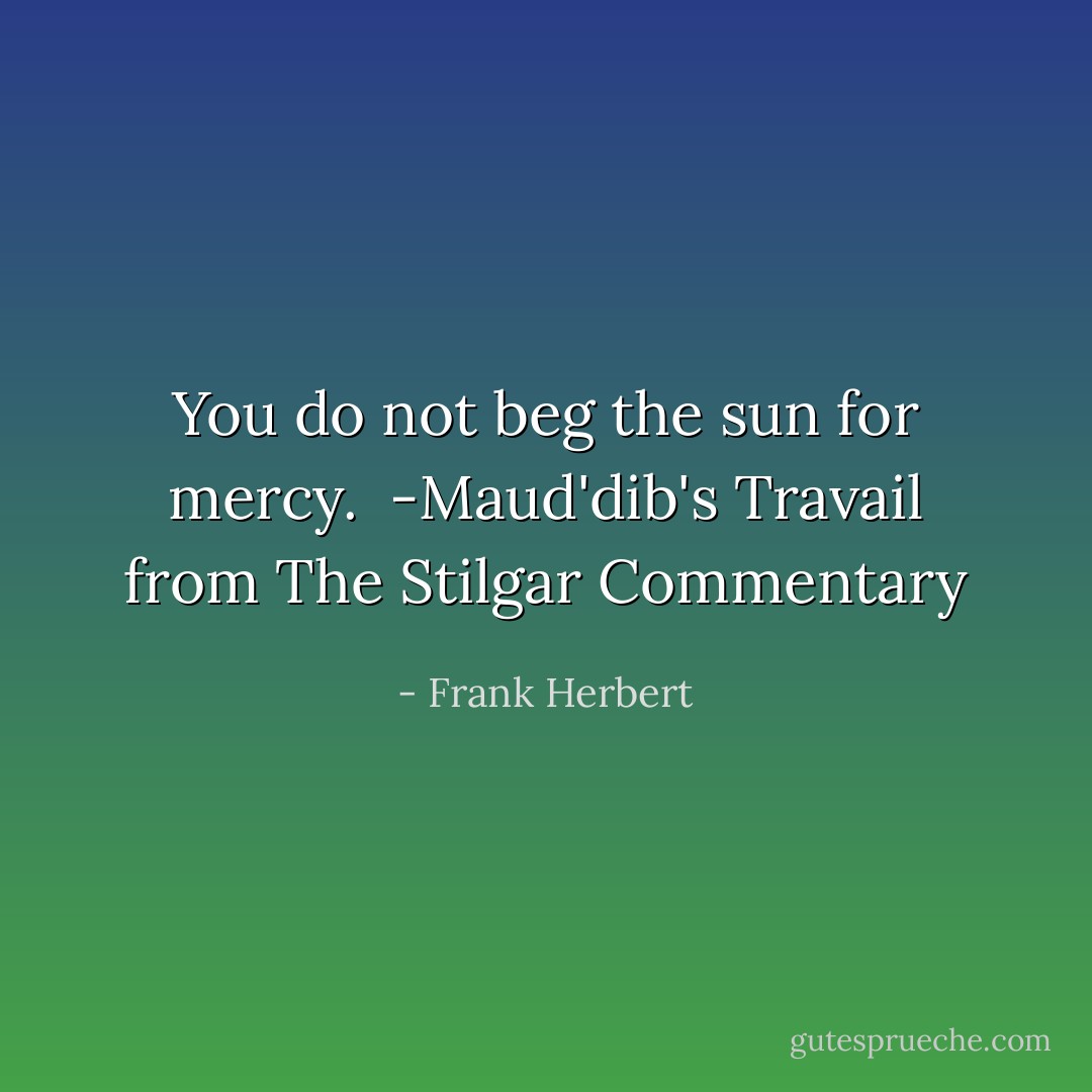 You do not beg the sun for mercy.<br /><br />-Maud'dib's Travail from The Stilgar Commentary - Frank Herbert