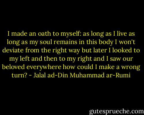 I made an oath to myself:<br />as long as I live<br />as long as my soul remains in this body<br />I won't deviate from the right way<br />but later I looked to my left and then to my right<br />and I saw our beloved everywhere<br />how could I make a wrong turn? - Jalal ad-Din Muhammad ar-Rumi