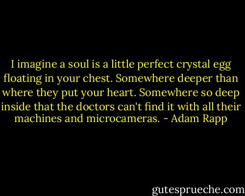 I imagine a soul is a little perfect crystal egg floating in your chest. Somewhere deeper than where they put your heart. Somewhere so deep inside that the doctors can't find it with all their machines and microcameras. - Adam Rapp