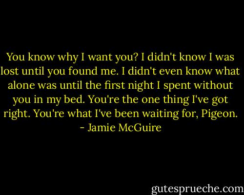 You know why I want you? I didn't know I was lost until you found me. I didn't even know what alone was until the first night I spent without you in my bed. You're the one thing I've got right. You're what I've been waiting for, Pigeon. - Jamie McGuire