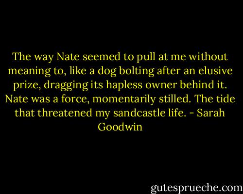 The way Nate seemed to pull at me without meaning to, like a dog bolting after an elusive prize, dragging its hapless owner behind it. Nate was a force, momentarily stilled. The tide that threatened my sandcastle life. - Sarah Goodwin