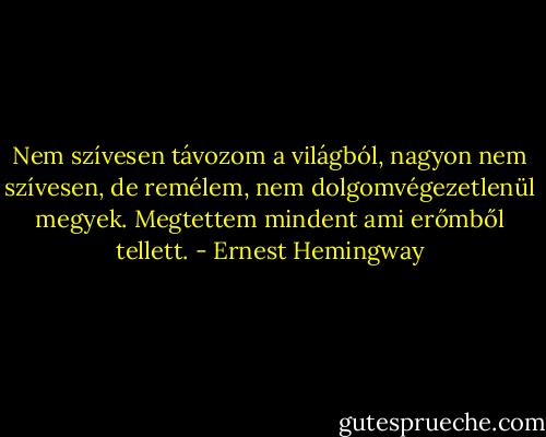 Nem szívesen távozom a világból, nagyon nem szívesen, de remélem, nem dolgomvégezetlenül megyek. Megtettem mindent ami erőmből tellett. - Ernest Hemingway