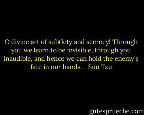 O divine art of subtlety and secrecy! Through you we learn to be invisible, through you inaudible, and hence we can hold the enemy's fate in our hands. - Sun Tzu