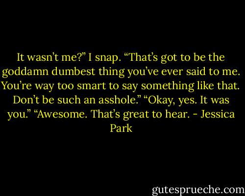 It wasn’t me?” I snap. “That’s got to be the goddamn dumbest thing you’ve ever said to me. You’re way too smart to say something like that. Don’t be such an asshole.”<br />“Okay, yes. It was you.”<br />“Awesome. That’s great to hear. - Jessica Park