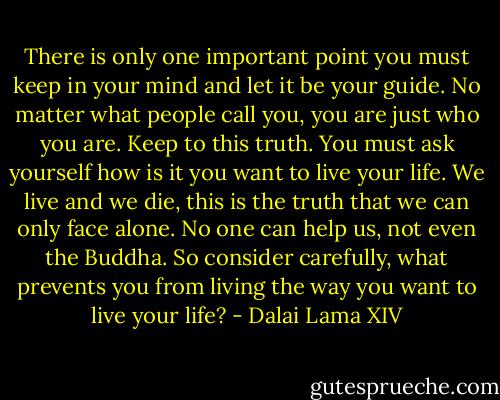 There is only one important point you must keep in your mind and let it be your guide. No matter what people call you, you are just who you are. Keep to this truth. You must ask yourself how is it you want to live your life. We live and we die, this is the truth that we can only face alone. No one can help us, not even the Buddha. So consider carefully, what prevents you from living the way you want to live your life? - Dalai Lama XIV