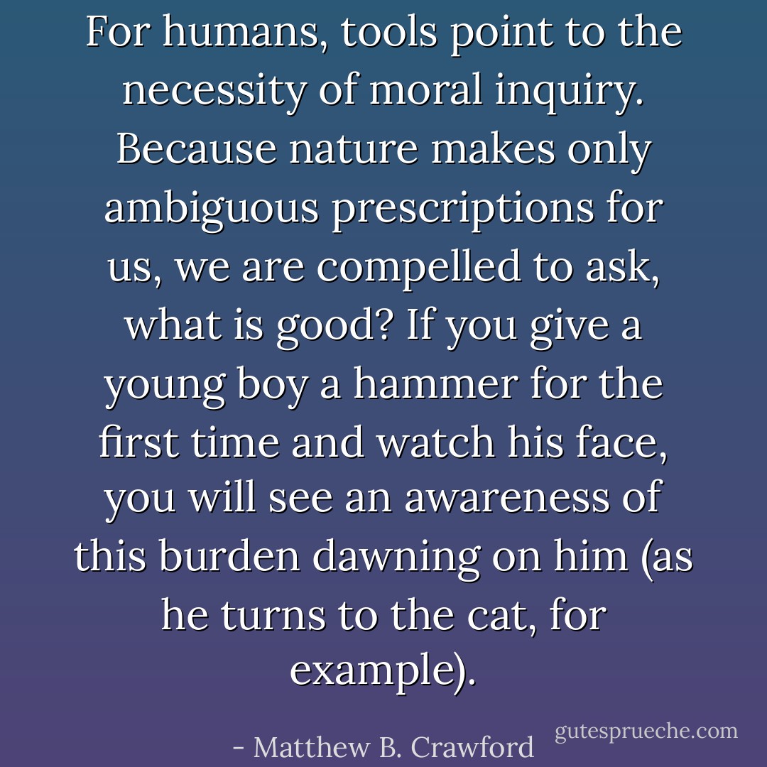 For humans, tools point to the necessity of moral inquiry. Because nature makes only ambiguous prescriptions for us, we are compelled to ask, what is good? If you give a young boy a hammer for the first time and watch his face, you will see an awareness of this burden dawning on him (as he turns to the cat, for example). - Matthew B. Crawford