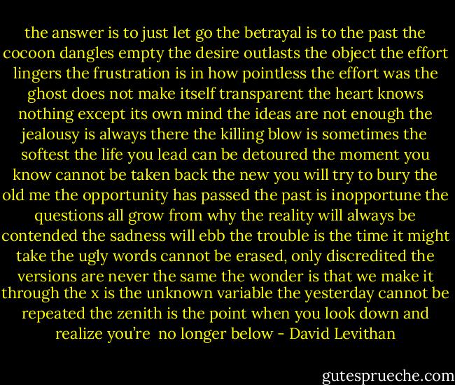 the answer is to just let go<br />the betrayal is to the past<br />the cocoon dangles empty<br />the desire outlasts the object<br />the effort lingers<br />the frustration is in how pointless the effort was<br />the ghost does not make itself transparent<br />the heart knows nothing except its own mind<br />the ideas are not enough<br />the jealousy is always there<br />the killing blow is sometimes the softest<br />the life you lead can be detoured<br />the moment you know cannot be taken back<br />the new you will try to bury the old me<br />the opportunity has passed<br />the past is inopportune<br />the questions all grow from why<br />the reality will always be contended<br />the sadness will ebb<br />the trouble is the time it might take<br />the ugly words cannot be erased, only discredited<br />the versions are never the same<br />the wonder is that we make it through<br />the x is the unknown variable<br />the yesterday cannot be repeated<br />the zenith is the point when you look down and realize you’re<br /> no longer below - David Levithan