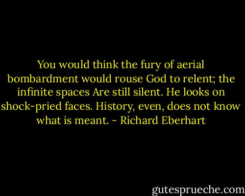 You would think the fury of aerial bombardment<br />would rouse God to relent; the infinite spaces<br />Are still silent. He looks on shock-pried faces.<br />History, even, does not know what is meant. - Richard Eberhart