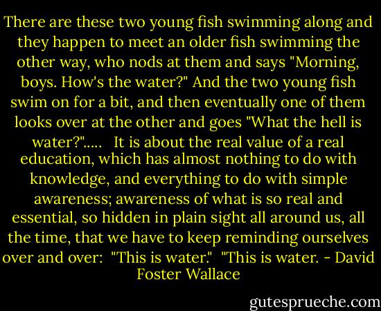 There are these two young fish swimming along and they happen to meet an older fish swimming the other way, who nods at them and says "Morning, boys. How's the water?" And the two young fish swim on for a bit, and then eventually one of them looks over at the other and goes "What the hell is water?".....<br /><br /><br />It is about the real value of a real education, which has almost nothing to do with knowledge, and everything to do with simple awareness; awareness of what is so real and essential, so hidden in plain sight all around us, all the time, that we have to keep reminding ourselves over and over:<br /><br />"This is water."<br /><br />"This is water. - David Foster Wallace