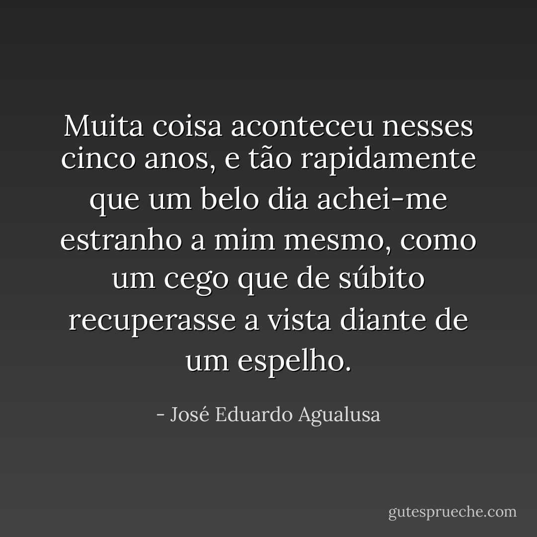 Muita coisa aconteceu nesses cinco anos, e tão rapidamente que um belo dia achei-me estranho a mim mesmo, como um cego que de súbito recuperasse a vista diante de um espelho. - José Eduardo Agualusa