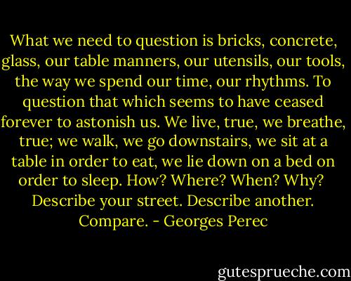 What we need to question is bricks, concrete, glass, our table manners, our utensils, our tools, the way we spend our time, our rhythms. To question that which seems to have ceased forever to astonish us. We live, true, we breathe, true; we walk, we go downstairs, we sit at a table in order to eat, we lie down on a bed on order to sleep. How? Where? When? Why?<br /><br />Describe your street. Describe another. Compare. - Georges Perec