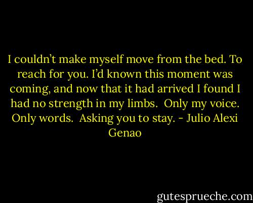 I couldn’t make myself move from the bed. To reach for you. I’d known this moment was coming, and now that it had arrived I found I had no strength in my limbs.<br /><br />Only my voice. Only words.<br /><br />Asking you to stay. - Julio Alexi Genao