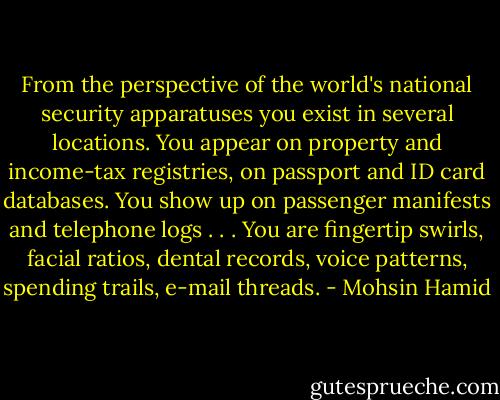 From the perspective of the world's national security apparatuses you exist in several locations. You appear on property and income-tax registries, on passport and ID card databases. You show up on passenger manifests and telephone logs . . . You are fingertip swirls, facial ratios, dental records, voice patterns, spending trails, e-mail threads. - Mohsin Hamid
