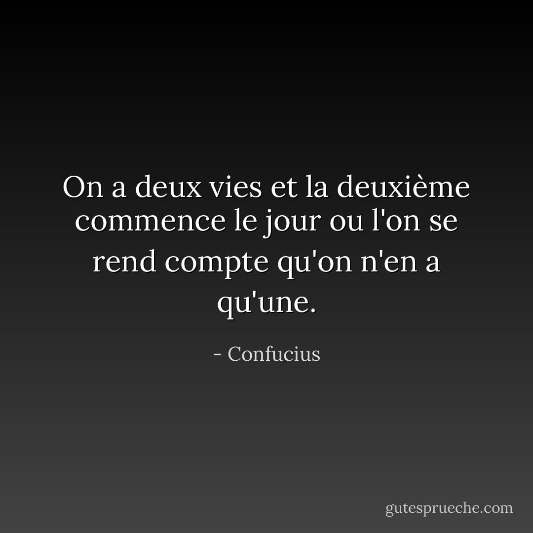 On a deux vies et la deuxième commence le jour ou l'on se rend compte qu'on n'en a qu'une. - Confucius