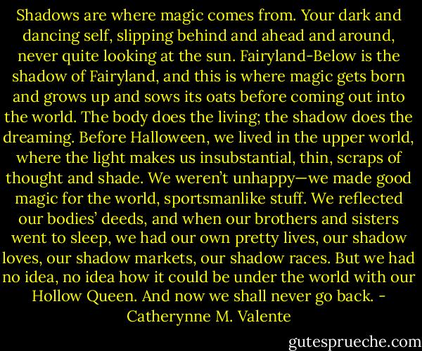 Shadows are where magic comes from. Your dark and dancing self, slipping behind and ahead and around, never quite looking at the sun. Fairyland-Below is the shadow of Fairyland, and this is where magic gets born and grows up and sows its oats before coming out into the world. The body does the living; the shadow does the dreaming. Before Halloween, we lived in the upper world, where the light makes us insubstantial, thin, scraps of thought and shade. We weren’t unhappy—we made good magic for the world, sportsmanlike stuff. We reflected our bodies’ deeds, and when our brothers and sisters went to sleep, we had our own pretty lives, our shadow loves, our shadow markets, our shadow races. But we had no idea, no idea how it could be under the world with our Hollow Queen. And now we shall never go back. - Catherynne M. Valente