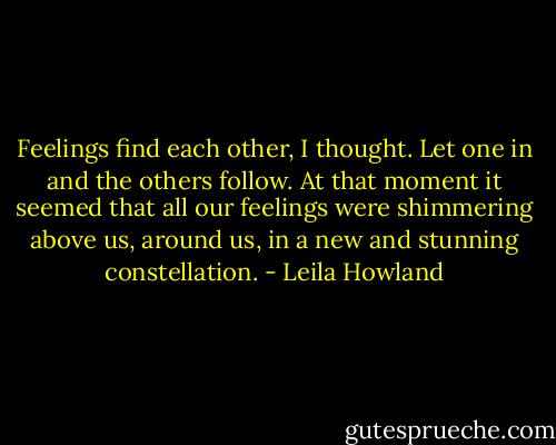 Feelings find each other, I thought. Let one in and the others follow. At that moment it seemed that all our feelings were shimmering above us, around us, in a new and stunning constellation. - Leila Howland