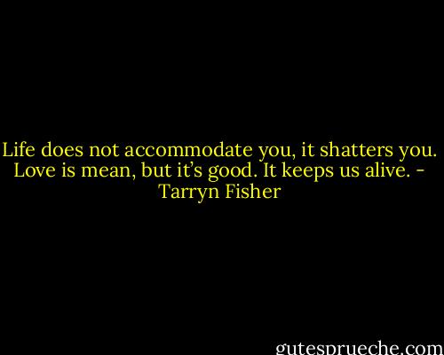 Life does not accommodate you, it shatters you. Love is mean, but it’s good. It keeps us alive. - Tarryn Fisher