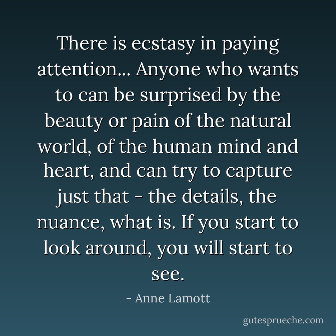 There is ecstasy in paying attention... Anyone who wants to can be surprised by the beauty or pain of the natural world, of the human mind and heart, and can try to capture just that - the details, the nuance, what is. If you start to look around, you will start to see. - Anne Lamott