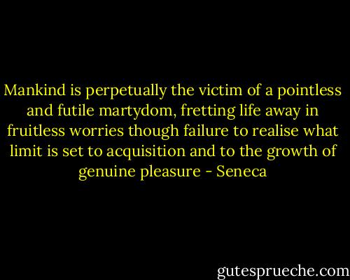 Mankind is perpetually the victim of a pointless and futile martydom, fretting life away in fruitless worries though failure to realise what limit is set to acquisition and to the growth of genuine pleasure - Seneca