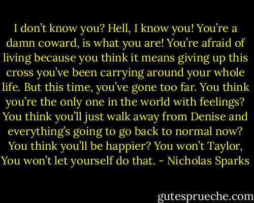 I don’t know you? Hell, I know you! You’re a damn coward, is what you are! You’re afraid of living because you think it means giving up this cross you’ve been carrying around your whole life. But this time, you’ve gone too far. You think you’re the only one in the world with feelings? You think you’ll just walk away from Denise and everything’s going to go back to normal now? You think you’ll be happier? You won’t Taylor, You won’t let yourself do that. - Nicholas Sparks
