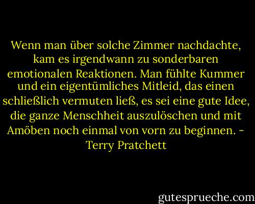 Wenn man über solche Zimmer nachdachte, kam es irgendwann zu sonderbaren emotionalen Reaktionen. Man fühlte Kummer und ein eigentümliches Mitleid, das einen schließlich vermuten ließ, es sei eine gute Idee, die ganze Menschheit auszulöschen und mit Amöben noch einmal von vorn zu beginnen. - Terry Pratchett