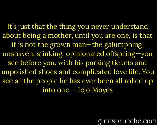 It’s just that the thing you never understand about being a mother, until you are one, is that it is not the grown man—the galumphing, unshaven, stinking, opinionated offspring—you see before you, with his parking tickets and unpolished shoes and complicated love life. You see all the people he has ever been all rolled up into one. - Jojo Moyes