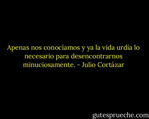 Apenas nos conocíamos y ya la vida urdía lo necesario para desencontrarnos minuciosamente. - Julio Cortázar