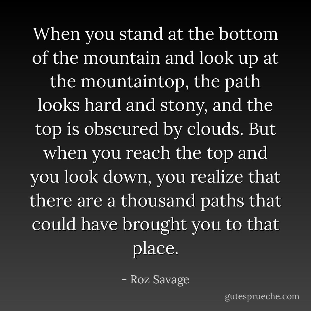 When you stand at the bottom of the mountain and look up at the mountaintop, the path looks hard and stony, and the top is obscured by clouds. But when you reach the top and you look down, you realize that there are a thousand paths that could have brought you to that place. - Roz Savage