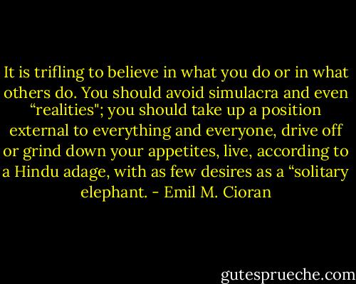 It is trifling to believe in what you do or in what others do. You should avoid simulacra and even “realities"; you should take up a position external to everything and everyone, drive off or grind down your appetites, live, according to a Hindu adage, with as few desires as a “solitary elephant. - Emil M. Cioran