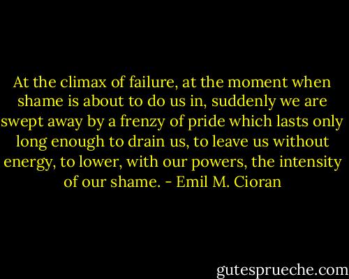 At the climax of failure, at the moment when shame is about to do us in, suddenly we are swept away by a frenzy of pride which lasts only long enough to drain us, to leave us without energy, to lower, with our powers, the intensity of our shame. - Emil M. Cioran