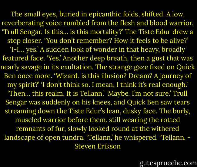 The small eyes, buried in epicanthic folds, shifted. A low, reverberating voice rumbled from the flesh and blood warrior. ‘Trull Sengar. Is this… is this mortality?’<br />The Tiste Edur drew a step closer. ‘You don’t remember? How it feels to be alive?’<br />‘I-I… yes.’ A sudden look of wonder in that heavy, broadly featured face. ‘Yes.’ Another deep breath, then a gust that was nearly savage in its exultation. The strange gaze fixed on Quick Ben once more. ‘Wizard, is this illusion? Dream? A journey of my spirit?’<br />‘I don’t think so. I mean, I think it’s real enough.’<br />‘Then… this realm. It is Tellann.’<br />‘Maybe. I’m not sure.’<br />Trull Sengar was suddenly on his knees, and Quick Ben saw tears streaming down the Tiste Edur’s lean, dusky face.<br />The burly, muscled warrior before them, still wearing the rotted remnants of fur, slowly looked round at the withered landscape of open tundra. ‘Tellann,’ he whispered. ‘Tellann. - Steven Erikson