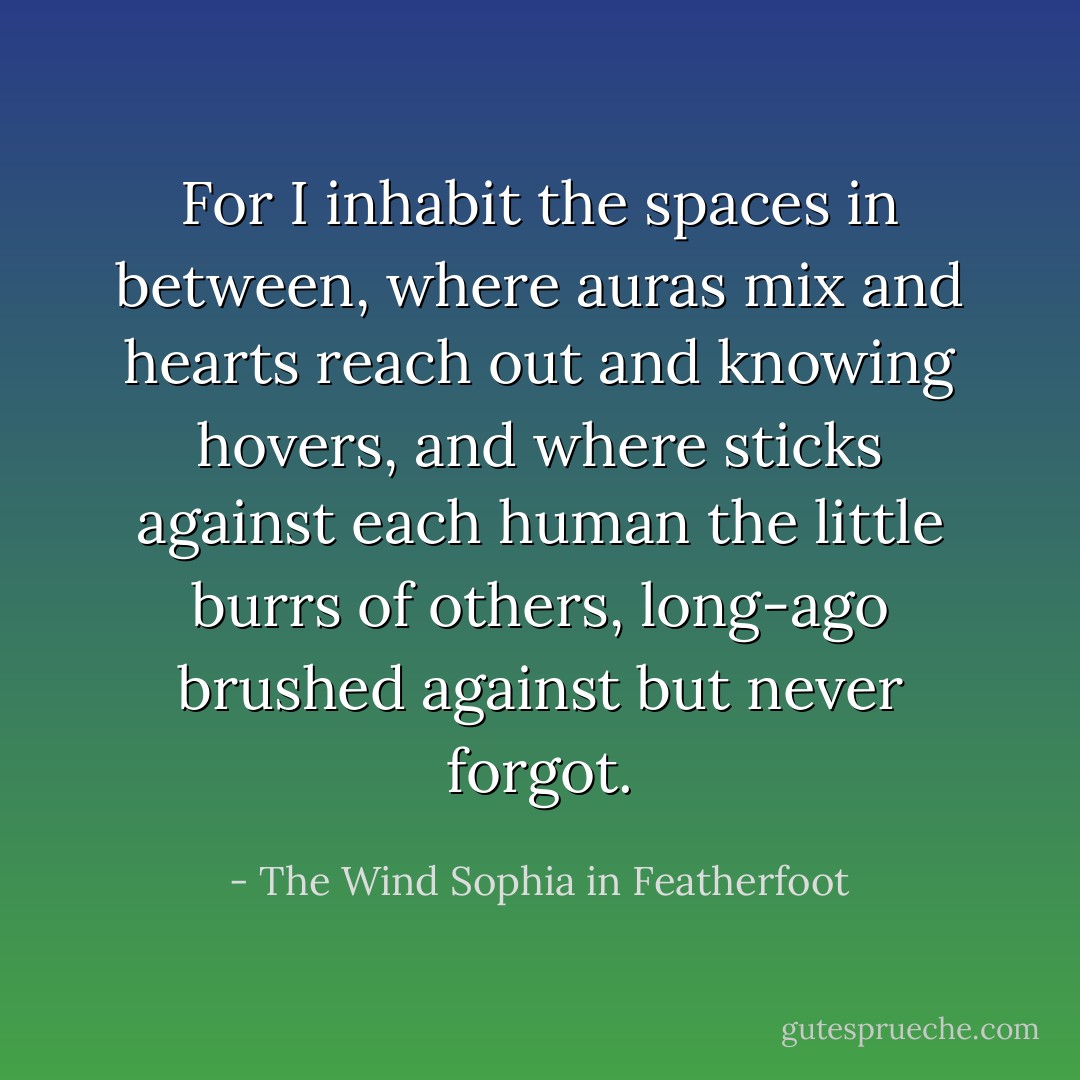 For I inhabit the spaces in between, where auras mix and hearts reach out and knowing hovers, and where sticks against each human the little burrs of others, long-ago brushed against but never forgot. - The Wind Sophia in Featherfoot