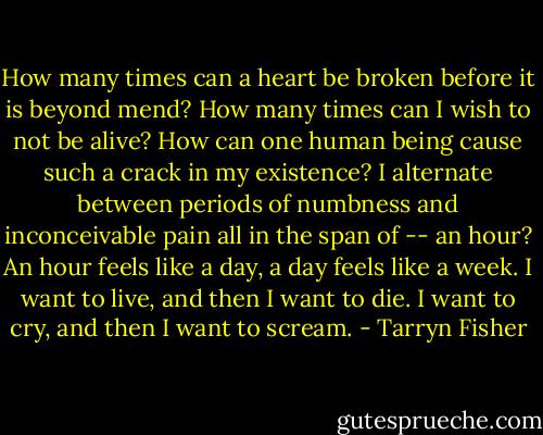 How many times can a heart be broken before it is beyond mend? How many times can I wish to not be alive? How can one human being cause such a crack in my existence? I alternate between periods of numbness and inconceivable pain all in the span of -- an hour? An hour feels like a day, a day feels like a week. I want to live, and then I want to die. I want to cry, and then I want to scream. - Tarryn Fisher