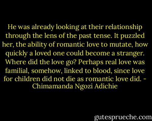 He was already looking at their relationship through the lens of the past tense. It puzzled her, the ability of romantic love to mutate, how quickly a loved one could become a stranger. Where did the love go? Perhaps real love was familial, somehow, linked to blood, since love for children did not die as romantic love did. - Chimamanda Ngozi Adichie