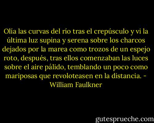 Olía las curvas del río tras el crepúsculo y vi la última luz supina y serena sobre los charcos dejados por la marea como trozos de un espejo roto, después, tras ellos comenzaban las luces sobre el aire pálido, temblando un poco como mariposas que revoloteasen en la distancia. - William Faulkner