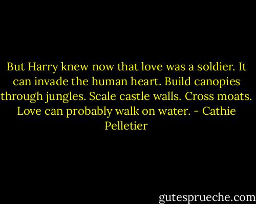 But Harry knew now that love was a soldier. It can invade the human heart. Build canopies through jungles. Scale castle walls. Cross moats. Love can probably walk on water. - Cathie Pelletier