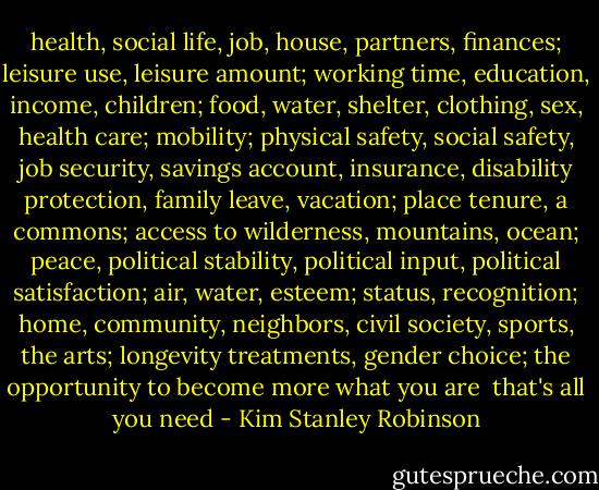 health, social life, job, house, partners, finances; leisure use, leisure amount; working time, education, income, children; food, water, shelter, clothing, sex, health care; mobility; physical safety, social safety, job security, savings account, insurance, disability protection, family leave, vacation; place tenure, a commons; access to wilderness, mountains, ocean; peace, political stability, political input, political satisfaction; air, water, esteem; status, recognition; home, community, neighbors, civil society, sports, the arts; longevity treatments, gender choice; the opportunity to become more what you are<br /><br />that's all you need - Kim Stanley Robinson