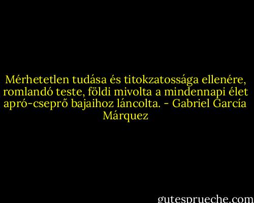 Mérhetetlen tudása és titokzatossága ellenére, romlandó teste, földi mivolta a mindennapi élet apró-cseprő bajaihoz láncolta. - Gabriel García Márquez