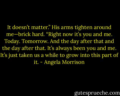 It doesn’t matter.” His arms tighten around me—brick hard. “Right now it’s you and me. Today.<br />Tomorrow. And the day after that and the day after that. It’s always been you and me. It’s just taken us<br />a while to grow into this part of it. - Angela Morrison