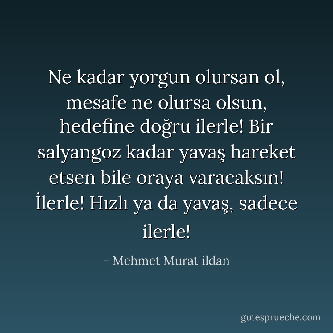 Ne kadar yorgun olursan ol, mesafe ne olursa olsun, hedefine doğru ilerle! Bir salyangoz kadar yavaş hareket etsen bile oraya varacaksın! İlerle! Hızlı ya da yavaş, sadece ilerle! - Mehmet Murat ildan