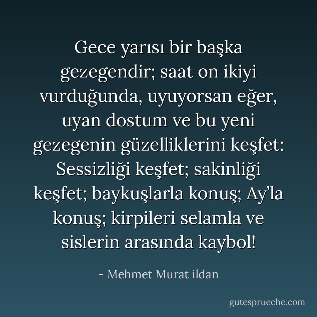Gece yarısı bir başka gezegendir; saat on ikiyi vurduğunda, uyuyorsan eğer, uyan dostum ve bu yeni gezegenin güzelliklerini keşfet: Sessizliği keşfet; sakinliği keşfet; baykuşlarla konuş; Ay’la konuş; kirpileri selamla ve sislerin arasında kaybol! - Mehmet Murat ildan
