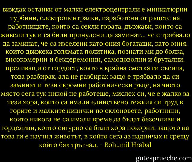виждах останки от малки електроцентрали е миниатюрни турбини, електроцентралки, изработени от ръцете на работниците, които са секли гората, държави, които са живели тук и са били принудени да заминат… че е трябвало да заминат, че са изселени като ония богаташи, като ония, които движеха голямата политика, познати ми до болка, високомерни и безцеремонни, самодоволни и брутални, преливащи от гордост, която в крайна сметка ги съсипа, това разбирах, ала не разбирах защо е трябвало да си заминат и тези скромни работнически ръце, на чието място сега тук никой не работеше, мислех си, че е жалко за тези хора, които са имали единствено тежкия си труд в горите и малките нивички по склоновете, работници, които никога не са имали време да бъдат безочливи и горделиви, които сигурно са били хора покорни, защото на това ги е научил животът, в който сега аз надничах и срещу който бях тръгнал. - Bohumil Hrabal
