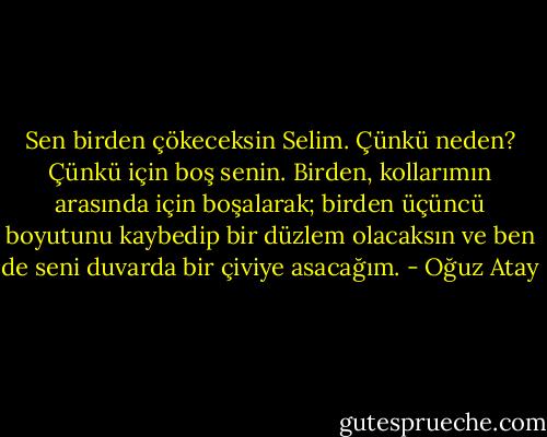 Sen birden çökeceksin Selim. Çünkü neden? Çünkü için boş senin. Birden, kollarımın arasında için boşalarak; birden üçüncü boyutunu kaybedip bir düzlem olacaksın ve ben de seni duvarda bir çiviye asacağım. - Oğuz Atay