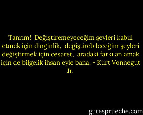 Tanrım!<br /><br />Değiştiremeyeceğim şeyleri kabul etmek için dinginlik,<br /><br />değiştirebileceğim şeyleri değiştirmek için cesaret,<br /><br />aradaki farkı anlamak için de bilgelik ihsan eyle bana. - Kurt Vonnegut Jr.