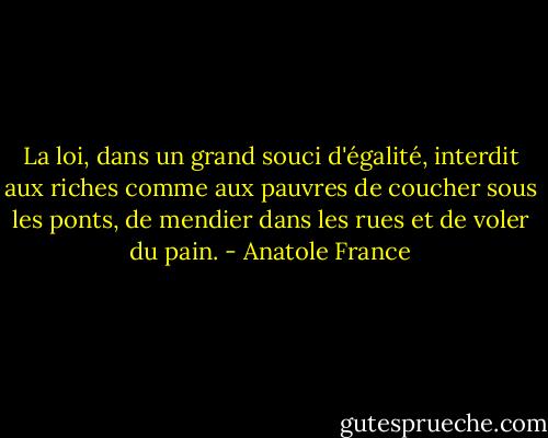 La loi, dans un grand souci d'égalité, interdit aux riches comme aux pauvres de coucher sous les ponts, de mendier dans les rues et de voler du pain. - Anatole France