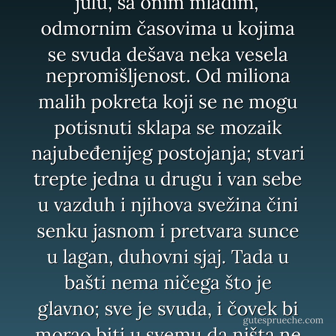 Mora biti da je to bilo jedno od onih ranih jutara kakvih ima u julu, sa onim mladim, odmornim časovima u kojima se svuda dešava neka vesela nepromišljenost. Od miliona malih pokreta koji se ne mogu potisnuti sklapa se mozaik najubeđenijeg postojanja; stvari trepte jedna u drugu i van sebe u vazduh i njihova svežina čini senku jasnom i pretvara sunce u lagan, duhovni sjaj. Tada u bašti nema ničega što je glavno; sve je svuda, i čovek bi morao biti u svemu da ništa ne bi propustio. - Rainer Maria Rilke