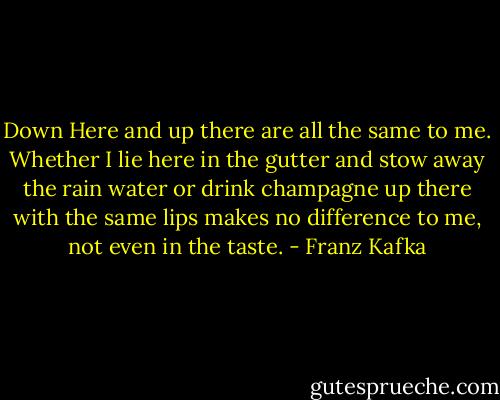 Down Here and up there are all the same to me. Whether I lie here in the gutter and stow away the rain water or drink champagne up there with the same lips makes no difference to me, not even in the taste. - Franz Kafka