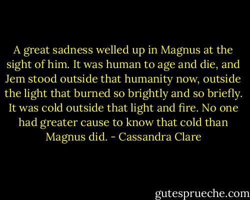 A great sadness welled up in Magnus at the sight of him. It was human to age and die, and Jem stood outside that humanity now, outside the light that burned so brightly and so briefly. It was cold outside that light and fire. No one had greater cause to know that cold than Magnus did. - Cassandra Clare