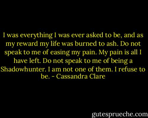 I was everything I was ever asked to be, and as my reward my life was burned to ash. Do not speak to me of easing my pain. My pain is all I have left. Do not speak to me of being a Shadowhunter. I am not one of them. I refuse to be. - Cassandra Clare