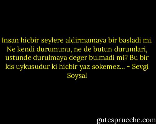 Insan hicbir seylere aldirmamaya bir basladi mi. Ne kendi durumunu, ne de butun durumlari, ustunde durulmaya deger bulmadi mi? Bu bir kis uykusudur ki hicbir yaz sokemez... - Sevgi Soysal